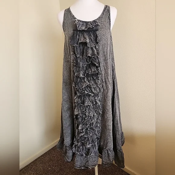 💐Paper Lace Ruffle Front Dress M Layered Crinkle Pockets Lagenlook Boho Hippie - Picture 1 of 16